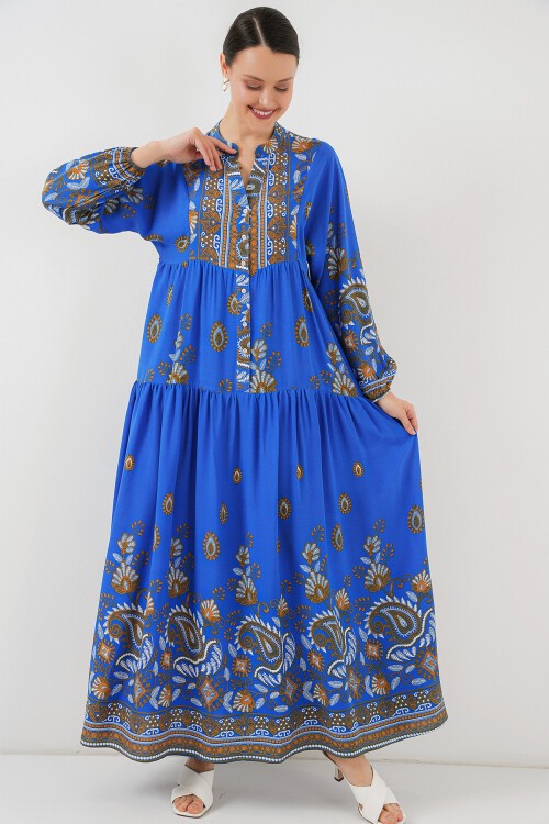 Merterium 2423 Otantik Desenli Tesettür Elbise - Saks 1