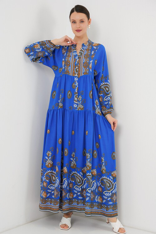 Merterium 2423 Otantik Desenli Tesettür Elbise - Saks 1