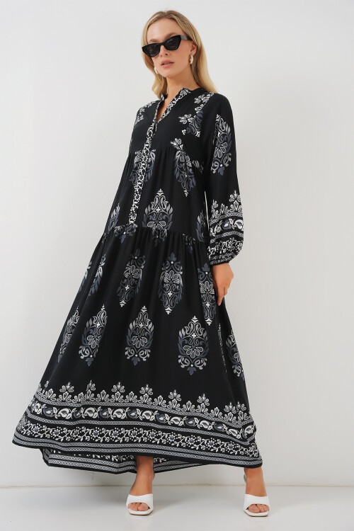 Merterium 2423 Otantik Desenli Tesettür Elbise - Siyah 11