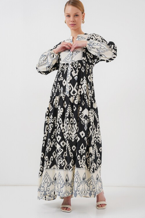 Merterium 2423 Otantik Desenli Tesettür Elbise - Siyah 8