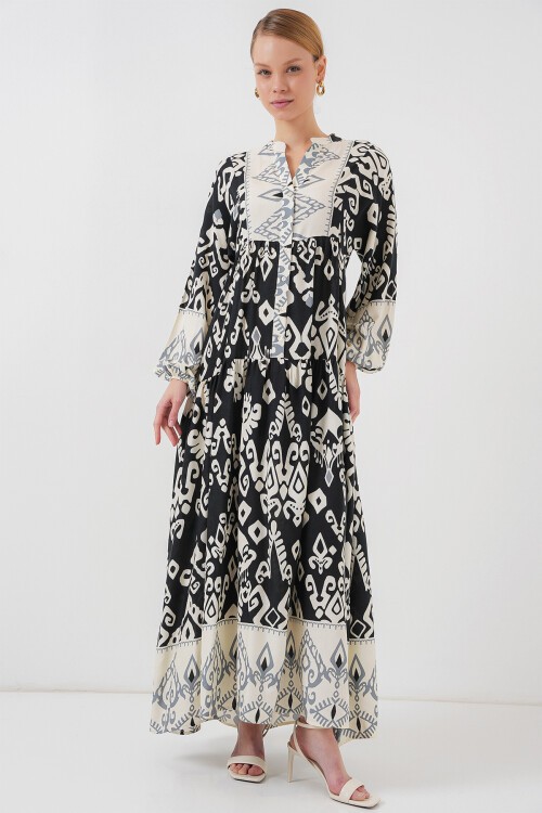 Merterium 2423 Otantik Desenli Tesettür Elbise - Siyah 8