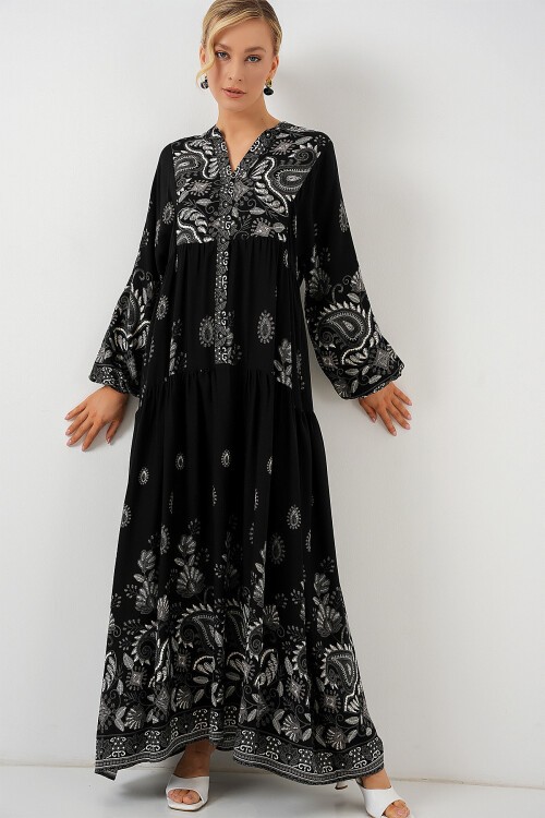 Merterium 2423 Otantik Desenli Tesettür Elbise - Siyah - Beyaz 1