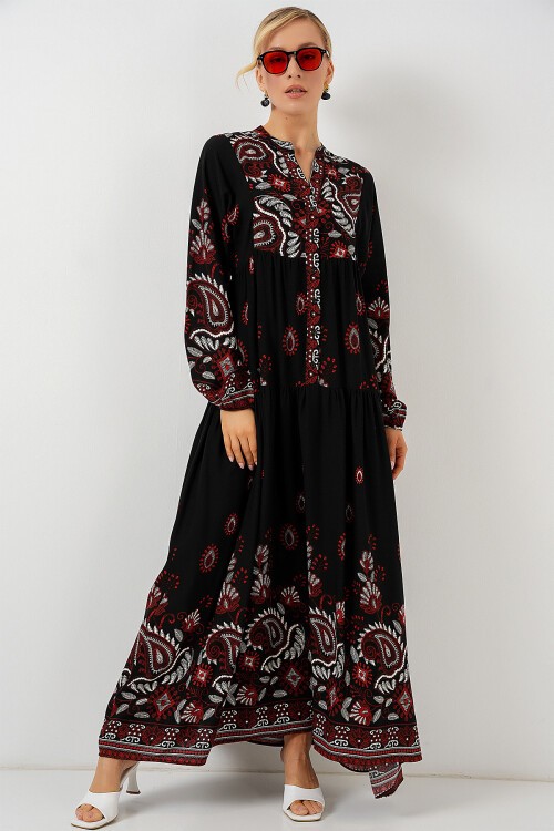 Merterium 2423 Otantik Desenli Tesettür Elbise - Siyah - Bordo
