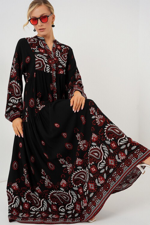 Merterium 2423 Otantik Desenli Tesettür Elbise - Siyah - Bordo