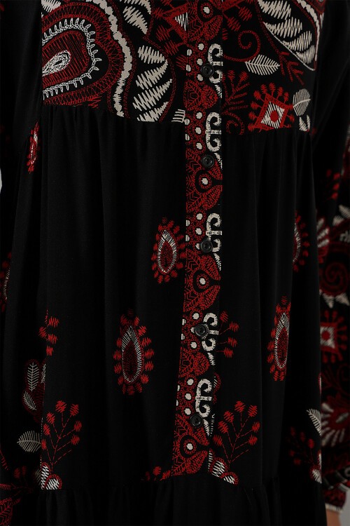 Merterium 2423 Otantik Desenli Tesettür Elbise - Siyah - Bordo