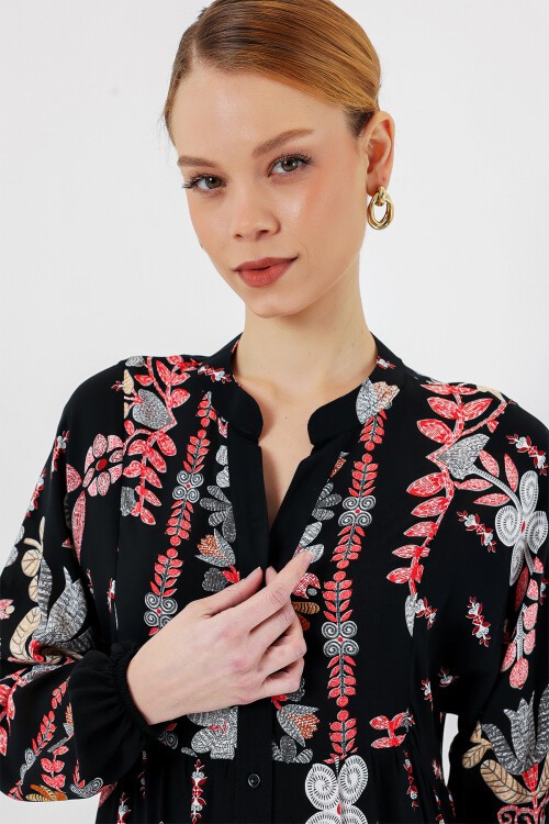 Merterium 2423 Otantik Desenli Tesettür Elbise - Siyah - Kiremit