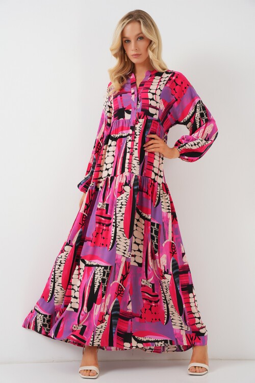 Merterium 2423 Otantik Desenli Tesettür Elbise - Siyah - Mor