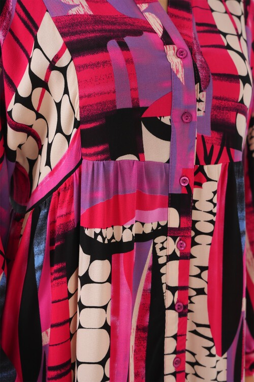 Merterium 2423 Otantik Desenli Tesettür Elbise - Siyah - Mor