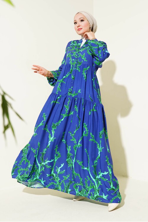 Merterium 2423 Otantik Desenli Tesettür Elbise - T. Lacivert