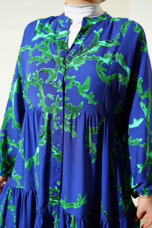 Merterium 2423 Otantik Desenli Tesettür Elbise - T. Lacivert