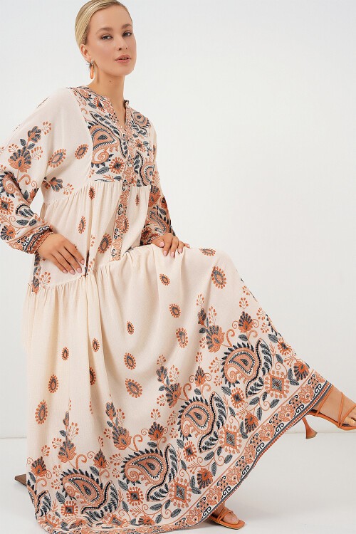 Merterium 2423 Otantik Desenli Tesettür Elbise - TURUNCU 1