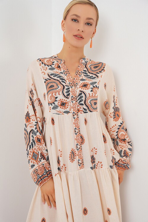 Merterium 2423 Otantik Desenli Tesettür Elbise - TURUNCU 1
