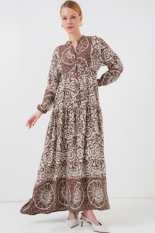 Merterium 2423 Otantik Desenli Tesettür Elbise - Y.Kahve