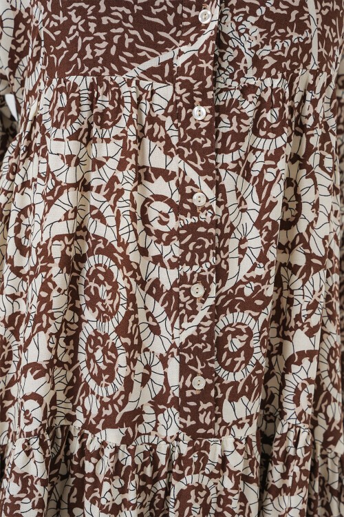 Merterium 2423 Otantik Desenli Tesettür Elbise - Y.Kahve