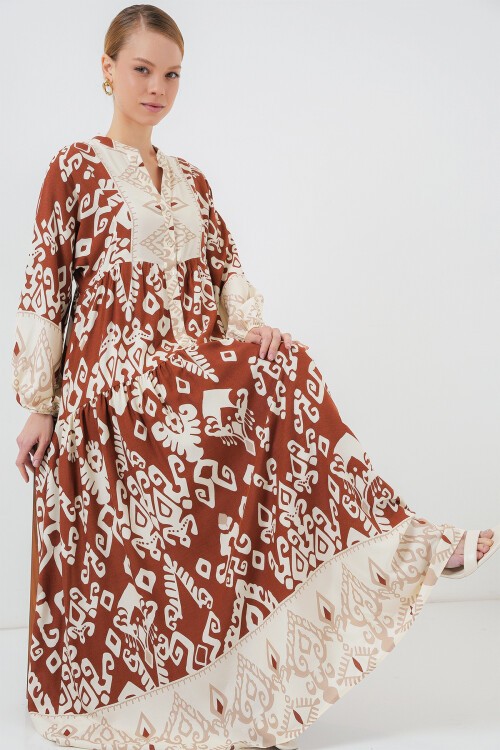 Merterium 2423 Otantik Desenli Tesettür Elbise - Y.Kiremit