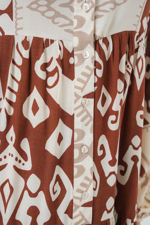 Merterium 2423 Otantik Desenli Tesettür Elbise - Y.Kiremit