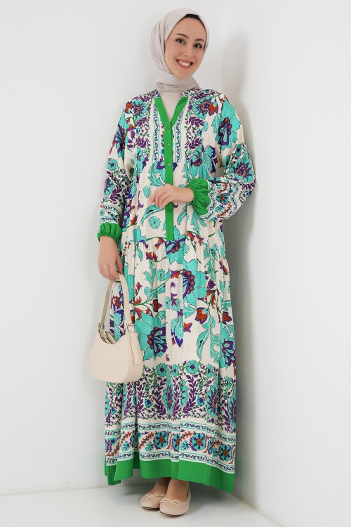 Merterium 2423 Otantik Desenli Tesettür Elbise - Yeşil 1