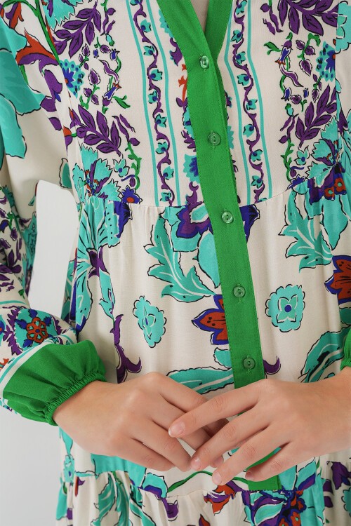 Merterium 2423 Otantik Desenli Tesettür Elbise - Yeşil 1