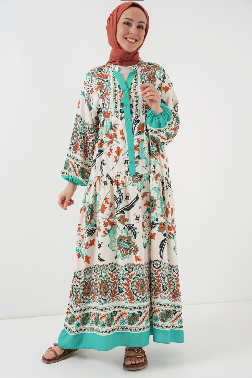Merterium 2423 Otantik Desenli Tesettür Elbise - Yeşil 2