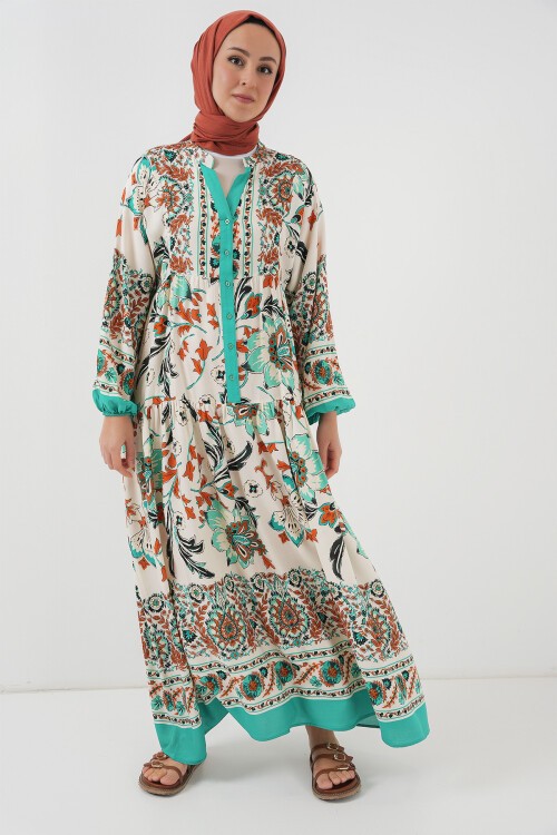 Merterium 2423 Otantik Desenli Tesettür Elbise - Yeşil 2