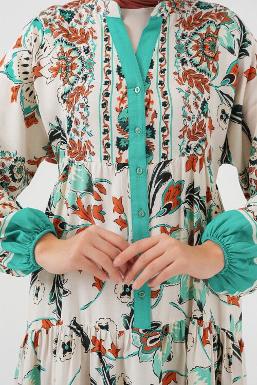 Merterium 2423 Otantik Desenli Tesettür Elbise - Yeşil 2