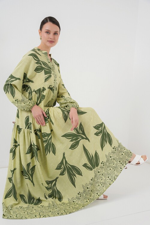 Merterium 2423 Otantik Desenli Tesettür Elbise - Yeşil 4