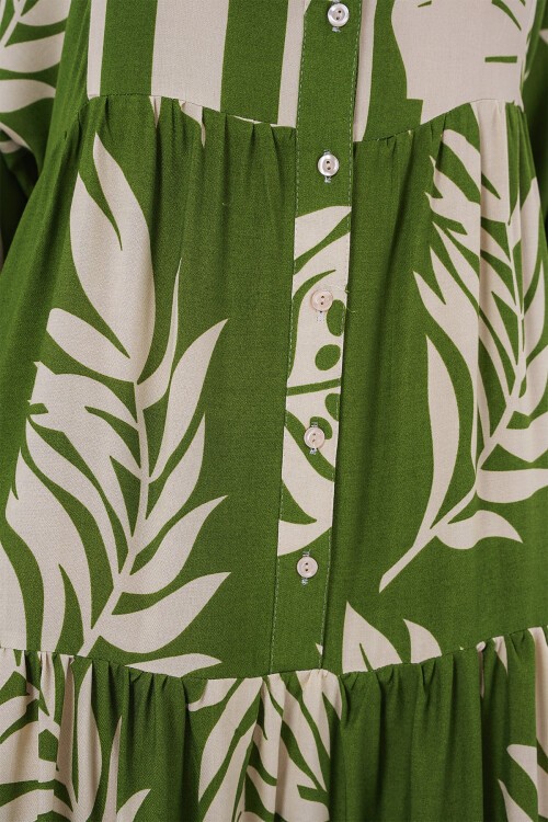 Merterium 2423 Otantik Desenli Tesettür Elbise - Yeşil 5