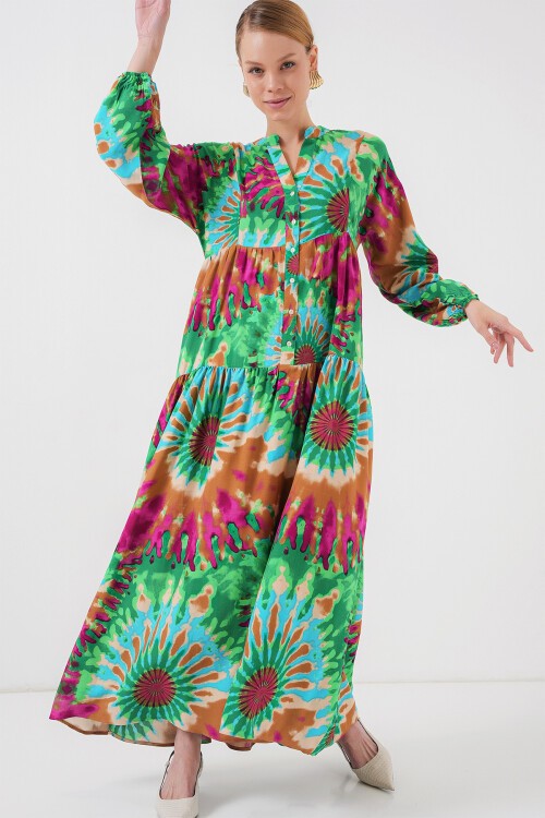 Merterium 2423 Otantik Desenli Tesettür Elbise - Yeşil 9