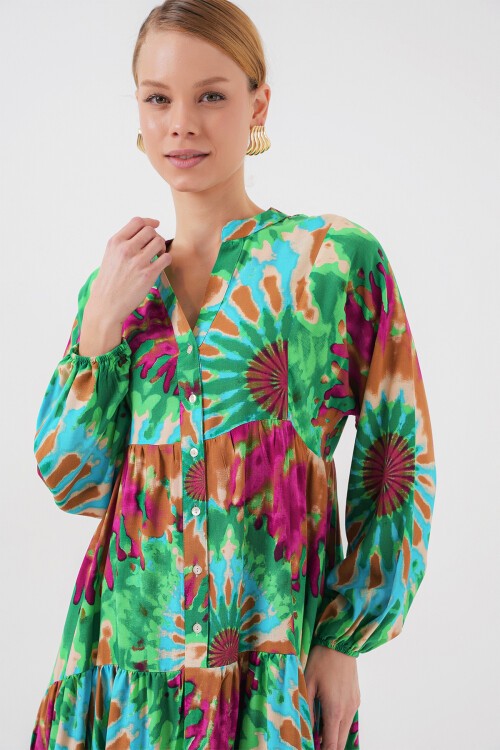 Merterium 2423 Otantik Desenli Tesettür Elbise - Yeşil 9