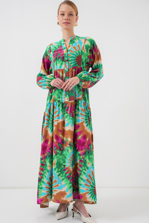 Merterium 2423 Otantik Desenli Tesettür Elbise - Yeşil 9