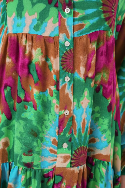 Merterium 2423 Otantik Desenli Tesettür Elbise - Yeşil 9