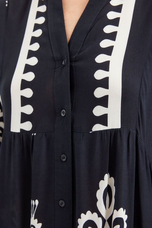 Merterium 2423 Otantik Desenli Tesettür Elbise - Z.Siyah