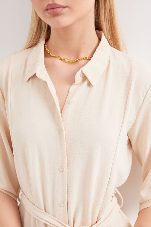 Merterium 2442 Kuşaklı Gömlek Elbise - Krem