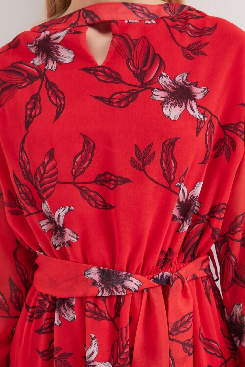 Merterium 2459 Astarlı Desenli Tül Elbise - Kırmızı