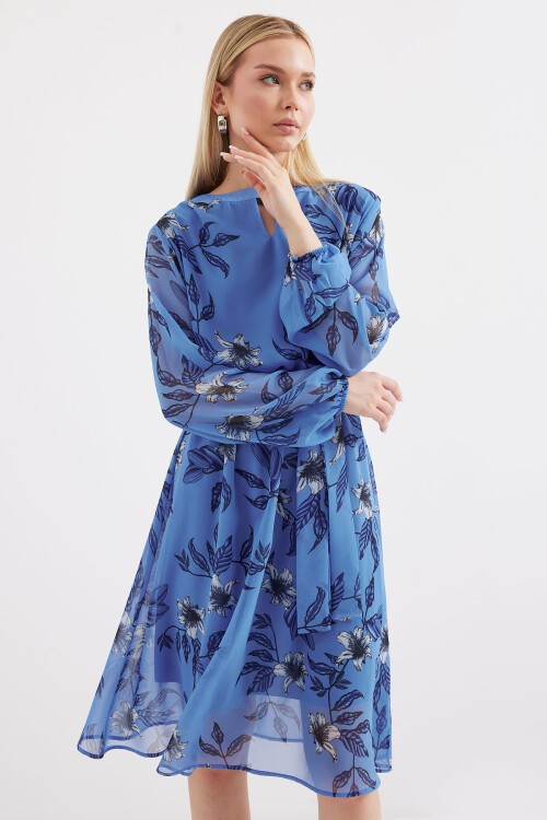 Merterium 2459 Astarlı Desenli Tül Elbise - Mavi