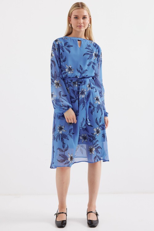 Merterium 2459 Astarlı Desenli Tül Elbise - Mavi