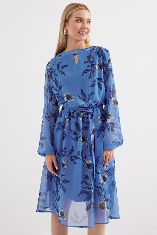 Merterium 2459 Astarlı Desenli Tül Elbise - Mavi