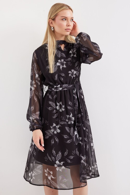 Merterium 2459 Astarlı Desenli Tül Elbise - Siyah