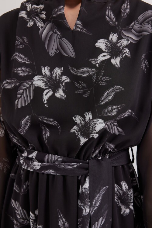 Merterium 2459 Astarlı Desenli Tül Elbise - Siyah