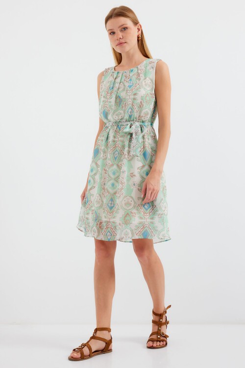 Merterium 2501 Desenli Sıfır Kol Şifon Elbise - Mint