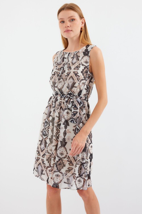 Merterium 2501 Desenli Sıfır Kol Şifon Elbise - Siyah