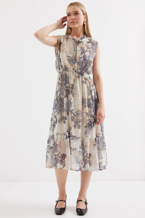 Merterium 2503 Desenli Sıfır Kol Şifon Elbise - Antrasit