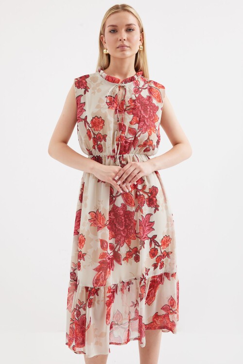 Merterium 2503 Desenli Sıfır Kol Şifon Elbise - Nar