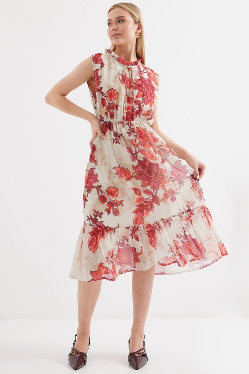 Merterium 2503 Desenli Sıfır Kol Şifon Elbise - Nar