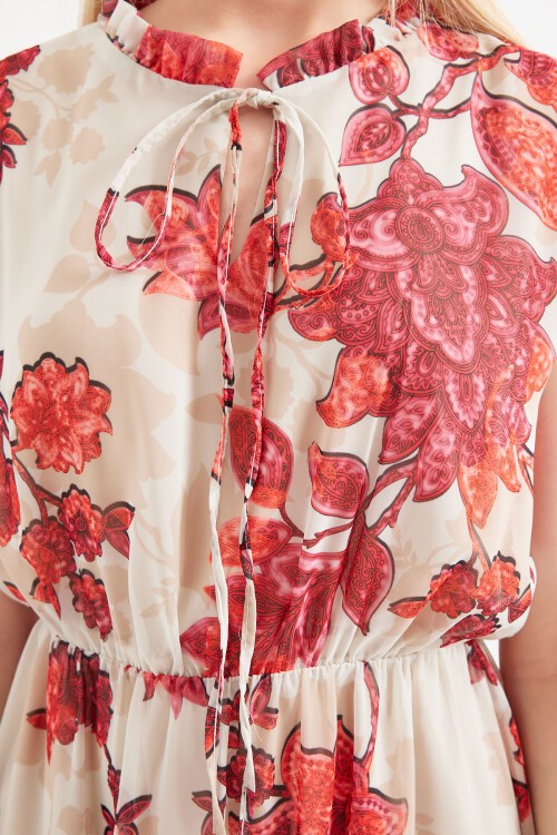 Merterium 2503 Desenli Sıfır Kol Şifon Elbise - Nar