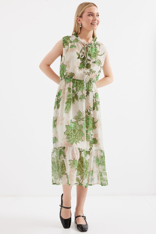 Merterium 2503 Desenli Sıfır Kol Şifon Elbise - Yeşil