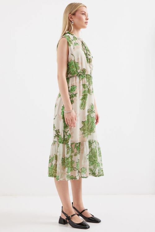 Merterium 2503 Desenli Sıfır Kol Şifon Elbise - Yeşil