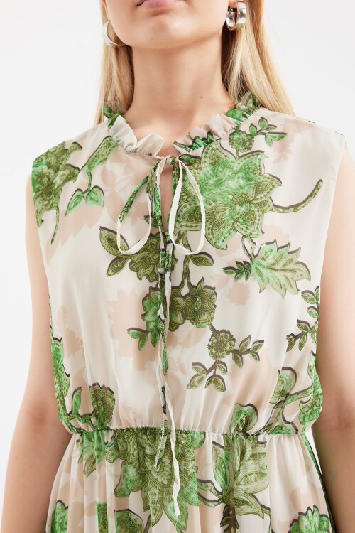 Merterium 2503 Desenli Sıfır Kol Şifon Elbise - Yeşil