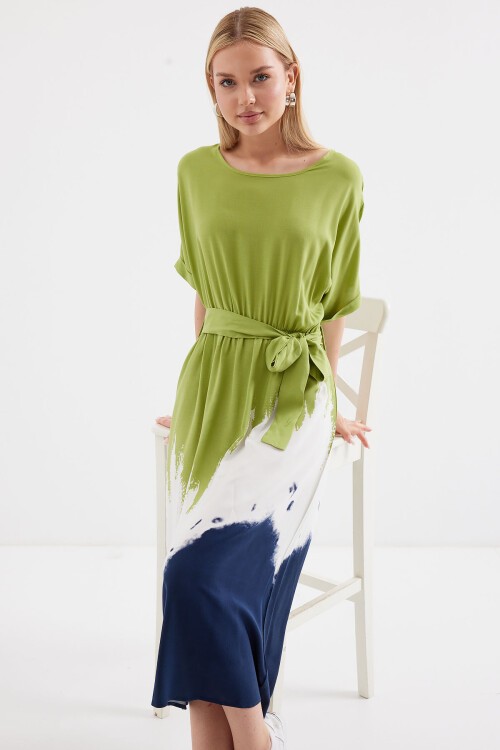 Merterium 2504 Desenli Kısa Kol Viskon Elbise - Çağla