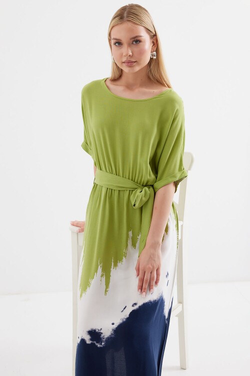 Merterium 2504 Desenli Kısa Kol Viskon Elbise - Çağla